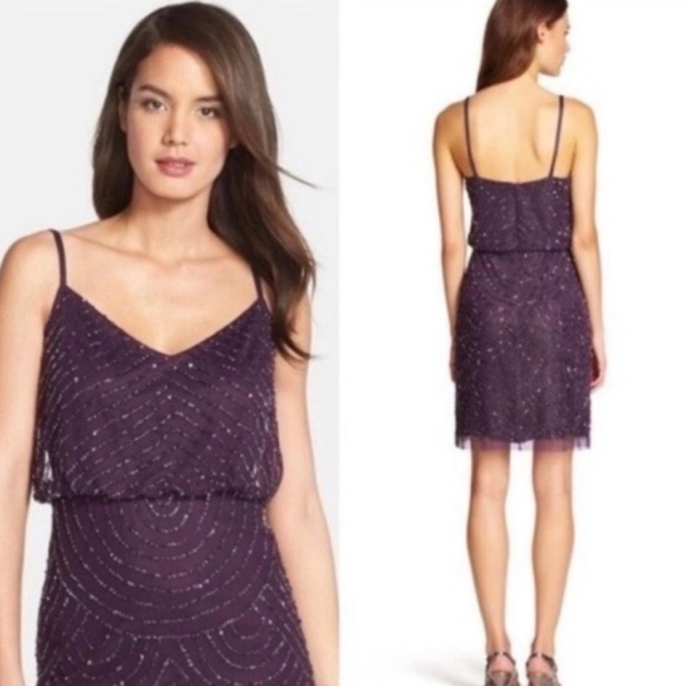 Adrianna Papell Art Deco Mesh Blouson Dress Beaded